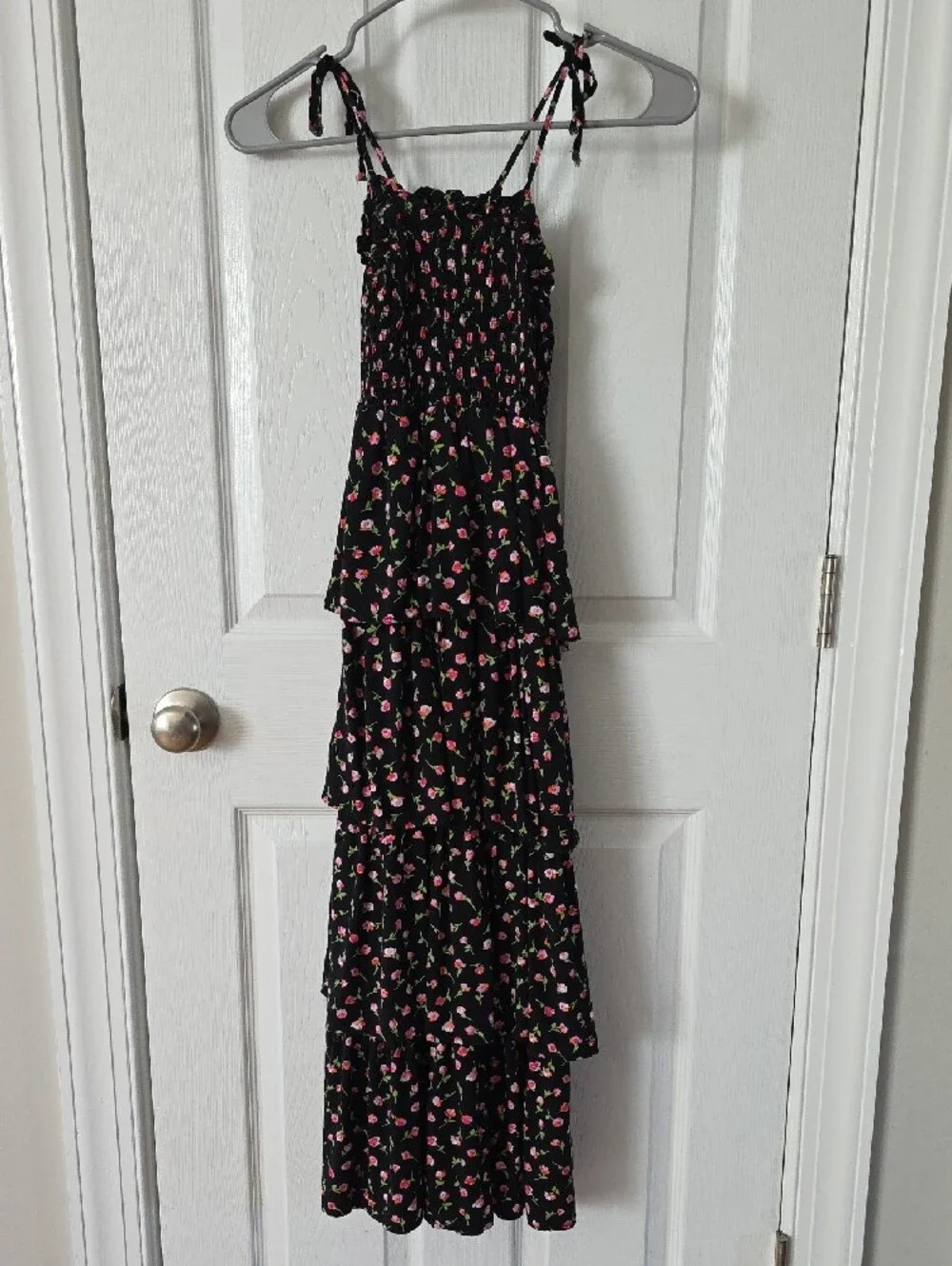 Black Floral Tiered Maxi Dress with Pink & Green Print